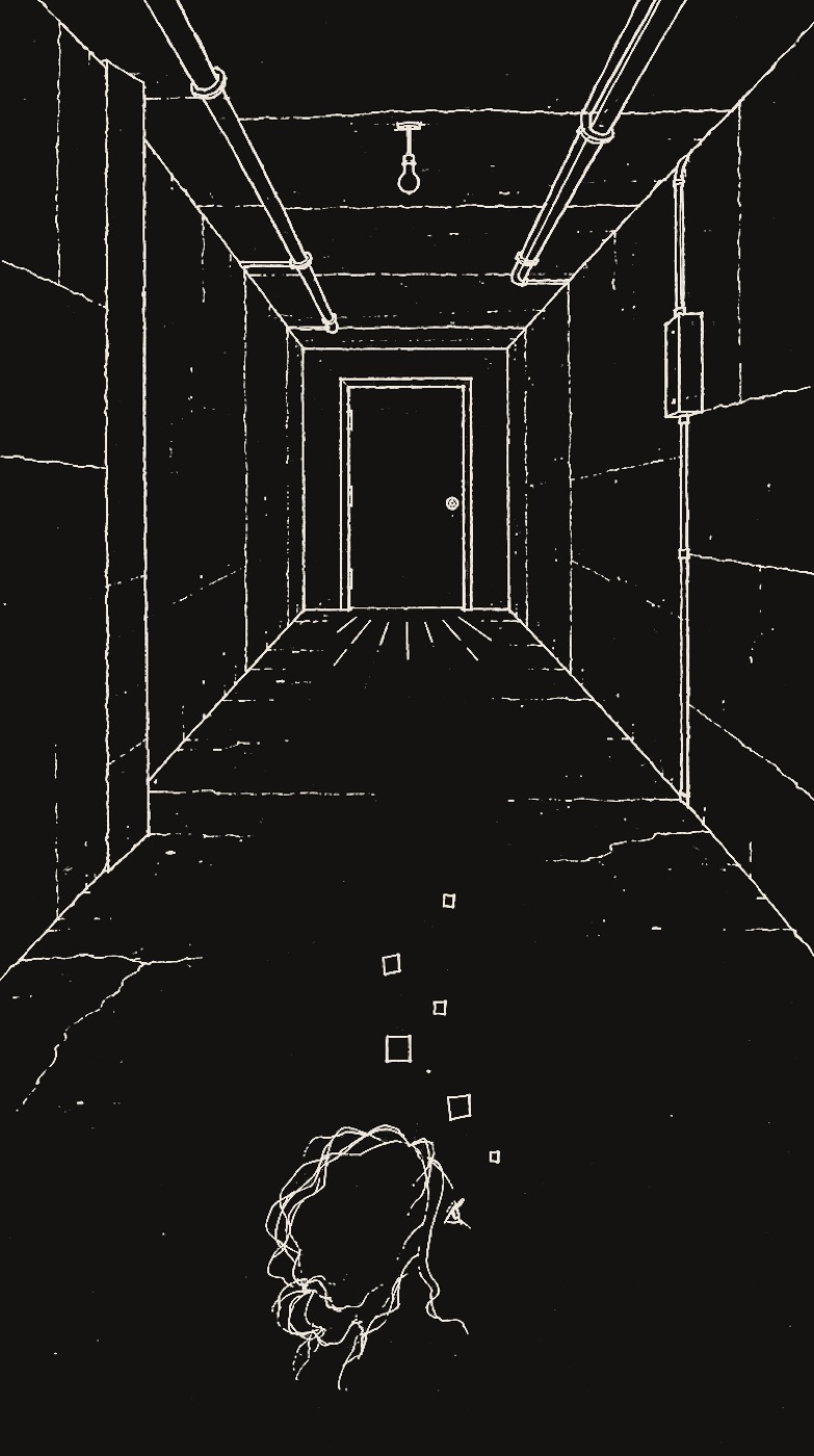 Line drawing of a basement corridor with a door at the far end; in the foreground, the back of a head looking toward the door.